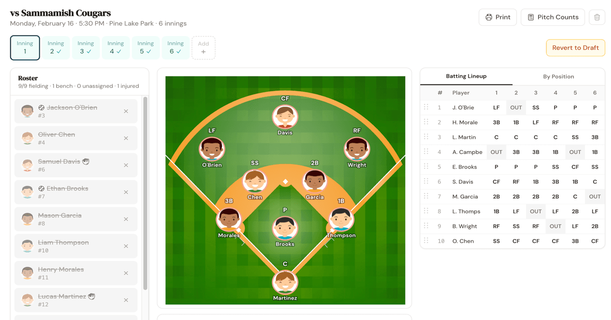 The Who's on Second lineup builder with drag-and-drop diamond view