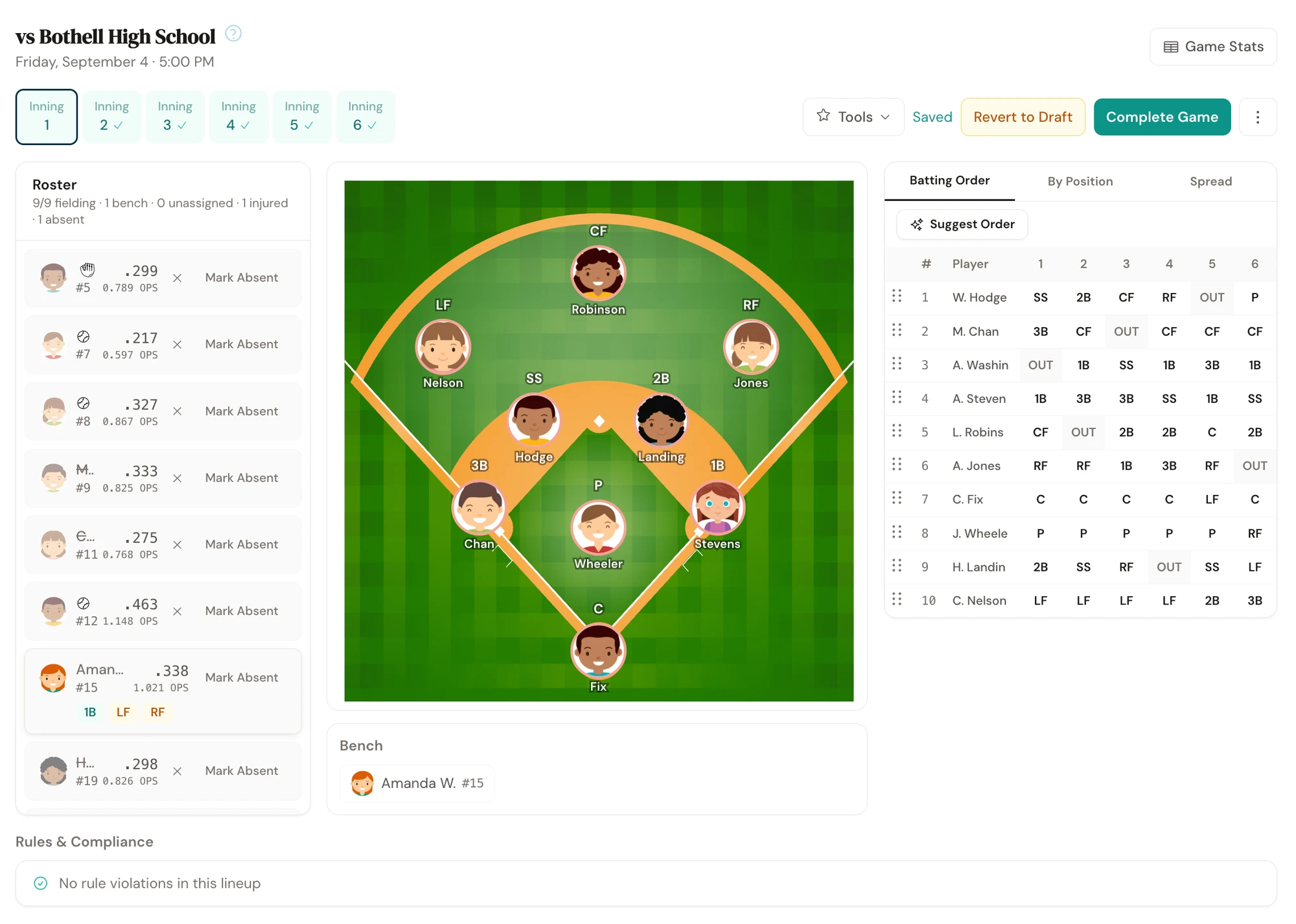 Demo lineup for Northside Monarchs with players assigned around the field